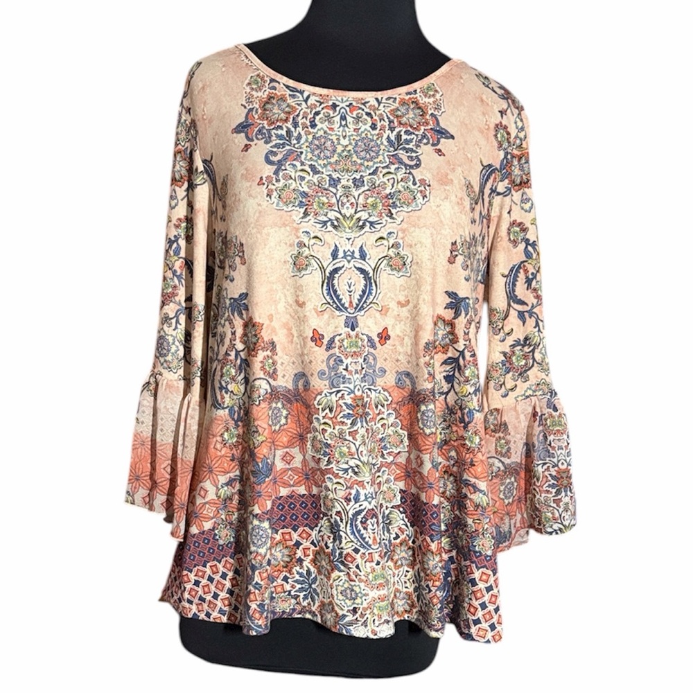 Boho Floral Print Bell-Sleeve Top - Peach Multi
